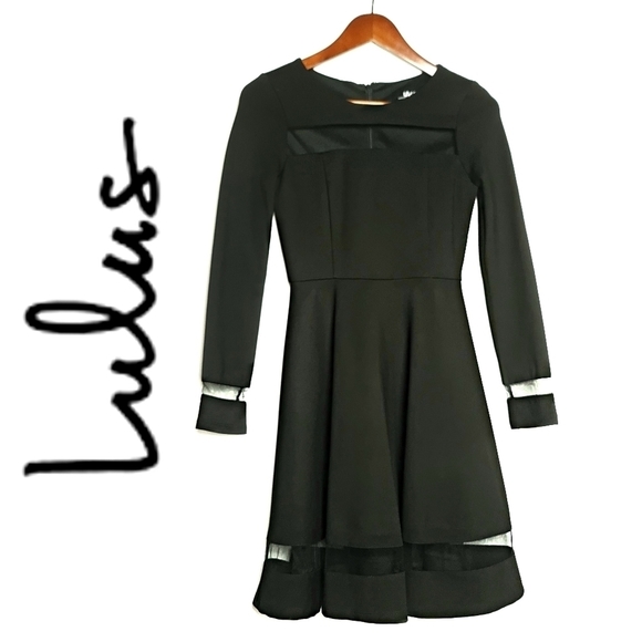 LULU'S Fit & Flare Longsleeved Cutout Mesh Cuff & Hemline Dress Blk XS - Picture 2 of 9